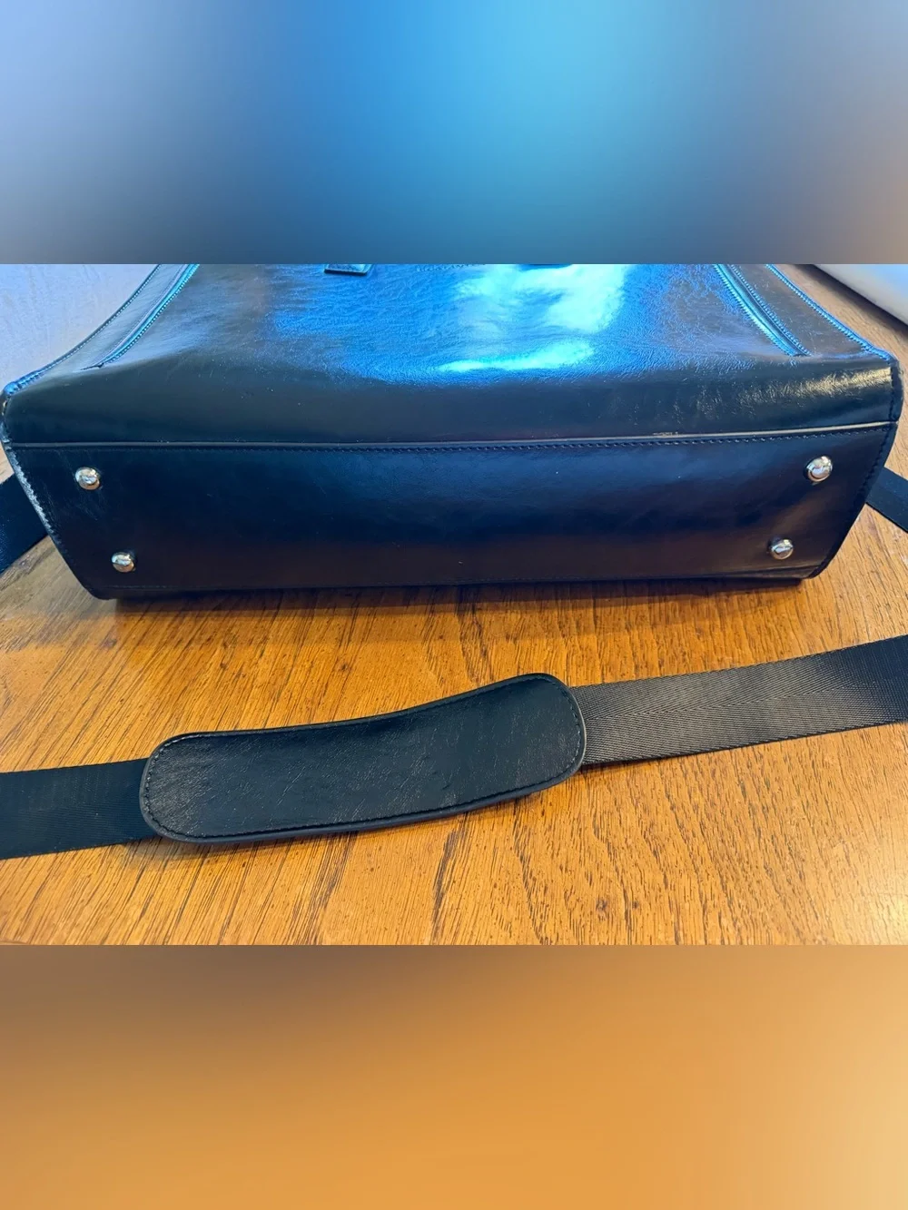 Bostonian Black Leather Laptop Briefcase with Adjustable Strap